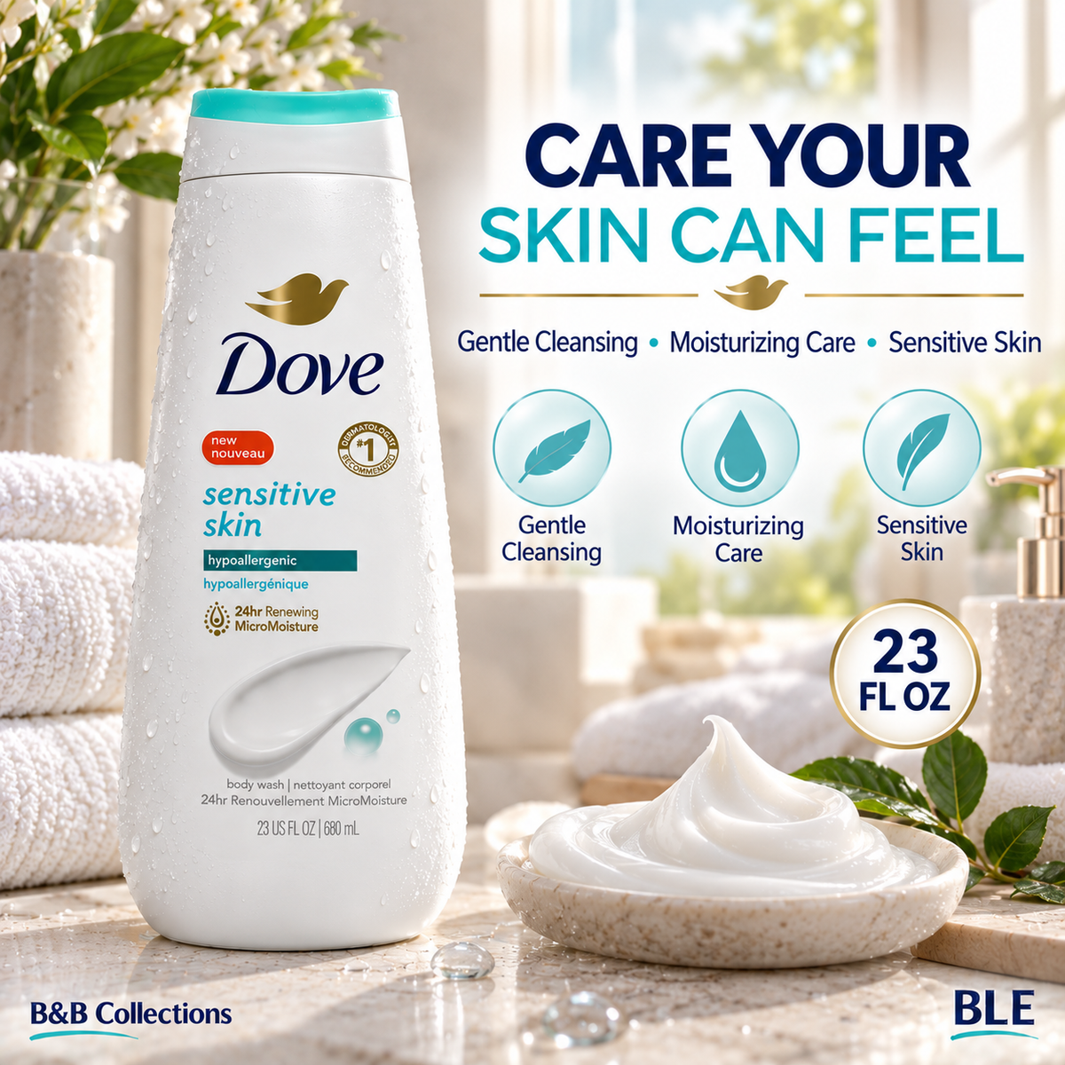 Dove Sensitive Skin Body Wash, Hypoallergenic, 23 fl oz