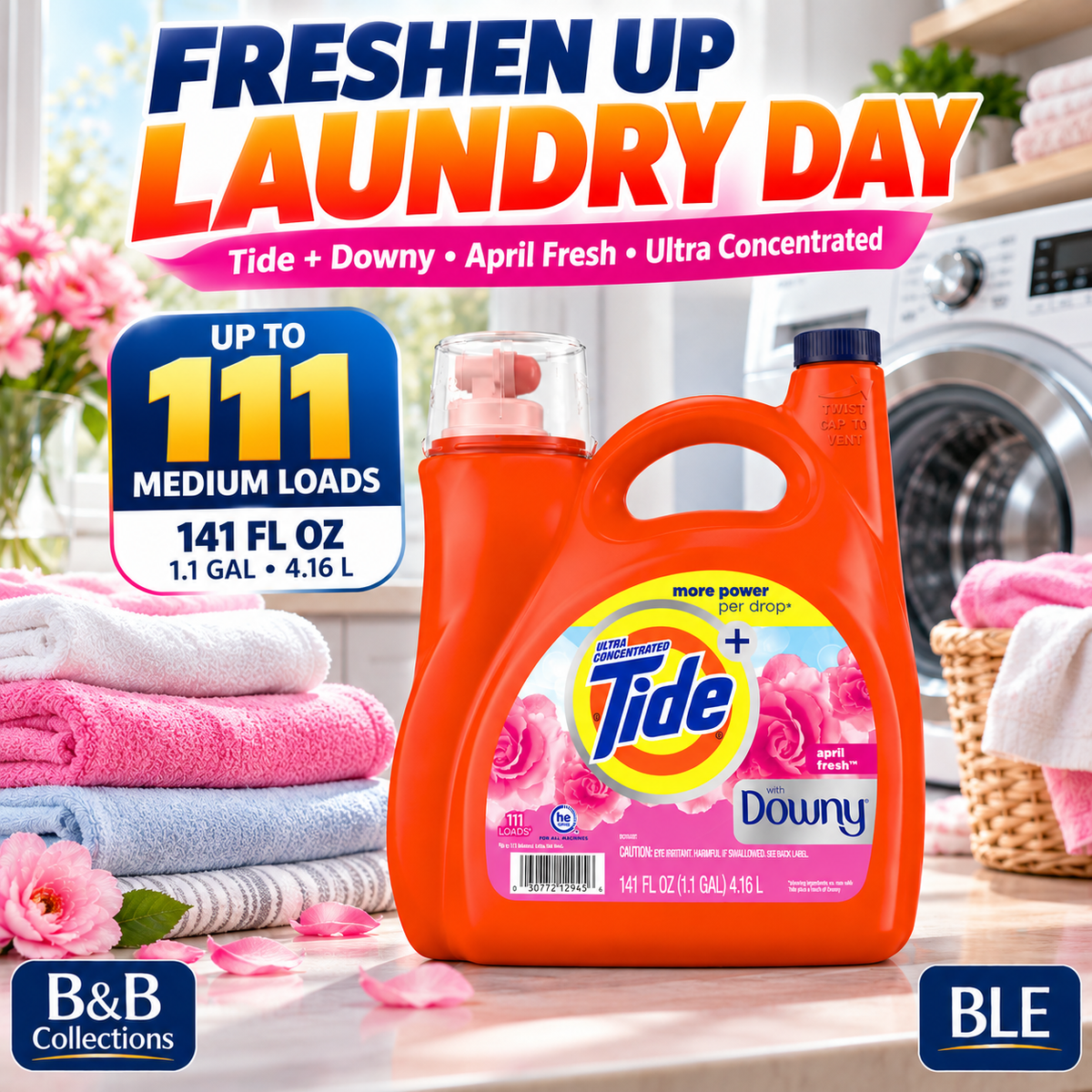 Tide Ultra Concentrated Liquid Laundry Detergent with Downy, April Fresh, HE Compatible, 111 Loads, 141 fl oz
