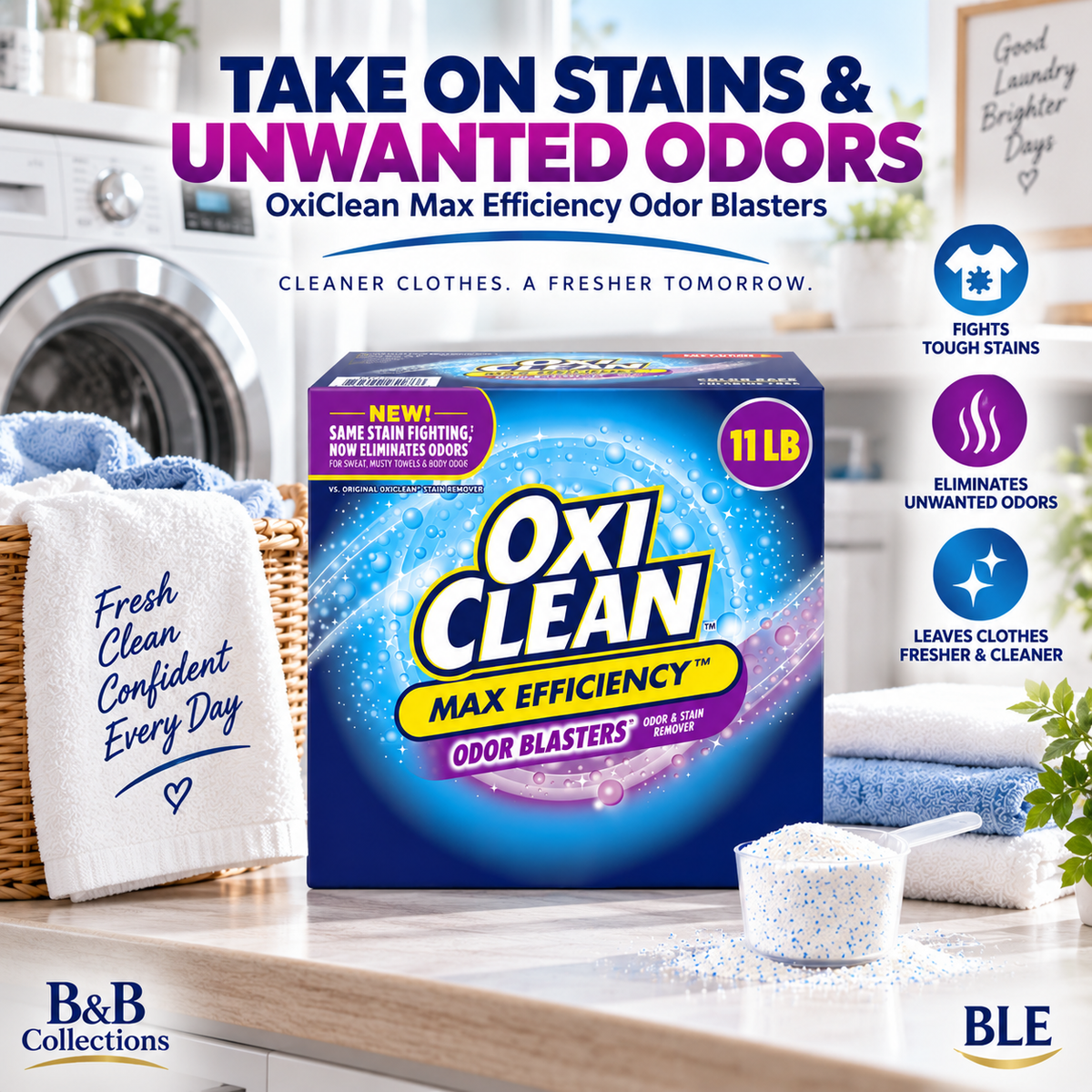 OxiClean Max Efficiency Odor Blasters Laundry Stain Remover Powder, Odor & Stain Fighting Formula, 11 lb