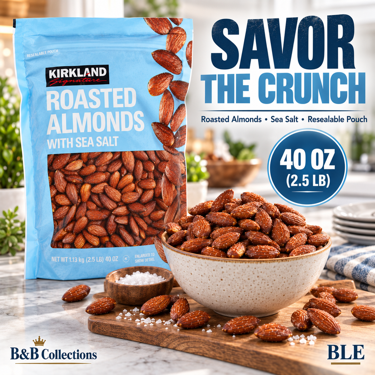 Kirkland Signature Roasted Almonds with Sea Salt, Resealable Pouch, 40 oz (2.5 lb)