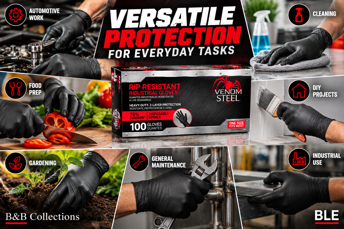 Venom Steel Premium Industrial Black Nitrile Gloves, Rip Resistant, Heavy-Duty Disposable Gloves, One Size Fits Most, 100 Count