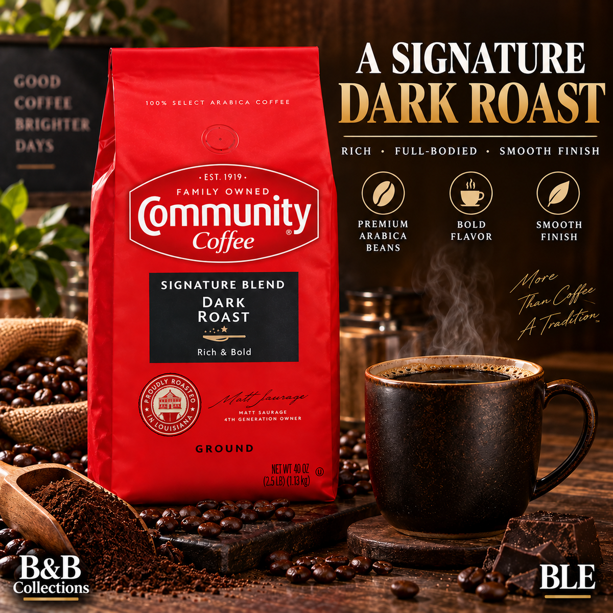 Community Coffee Signature Blend Dark Roast Ground Coffee, Rich & Full-Bodied, 100% Arabica, 40 oz