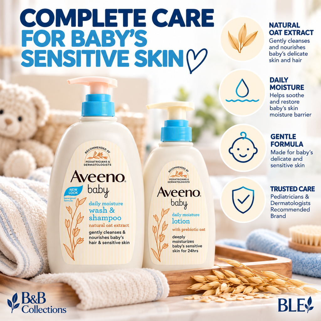 Aveeno Baby Daily Moisture Set, Wash & Shampoo 33 fl oz + Lotion 18 fl oz, With Natural Oat Extract & Prebiotic Oat, Gentle Baby Skin Care, 2-Piece Set