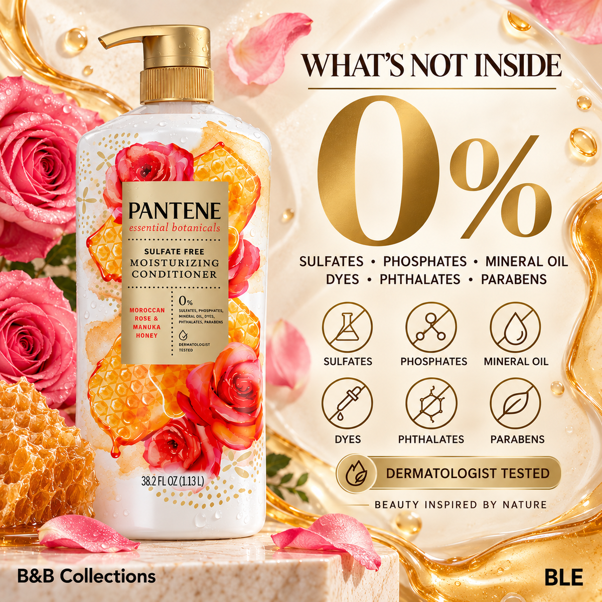 Pantene Essential Botanicals Moisturizing Conditioner with Moroccan Rose & Manuka Honey, Sulfate Free, 38.2 fl oz