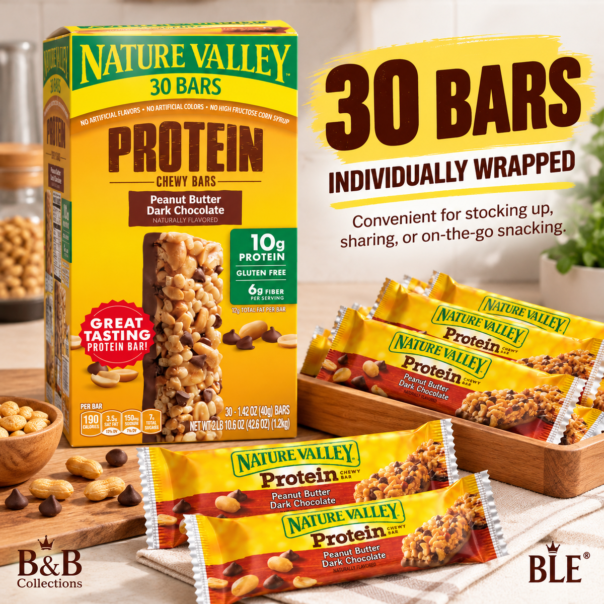 Nature Valley Protein Chewy Granola Bars, Peanut Butter Dark Chocolate, 10g Protein, Gluten Free, 6g Fiber, 30 Individually Wrapped Bars, 42.6 oz
