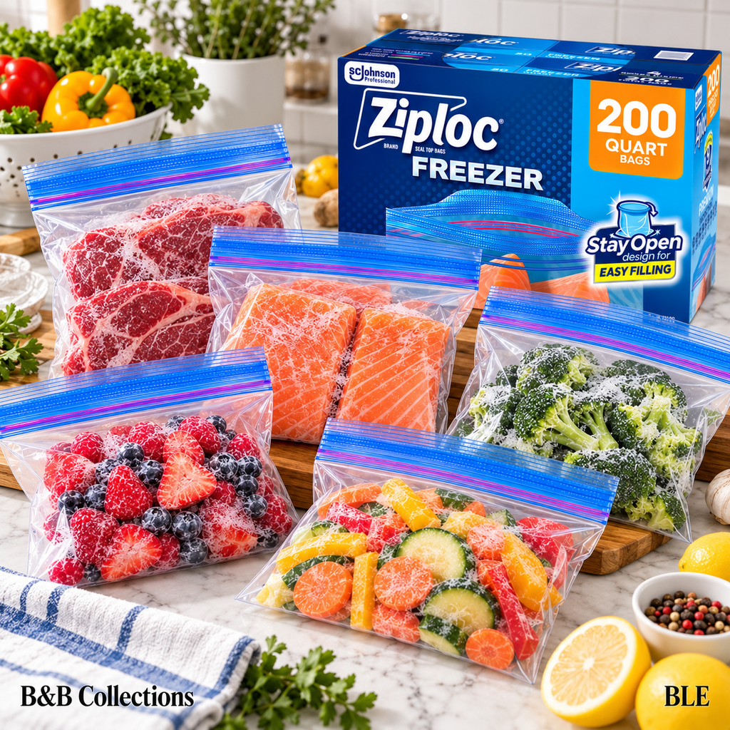 Ziploc Seal Top Quart Freezer Bags, 200 Count, Stay Open Design, Easy Filling, Food Storage & Freezer Protection
