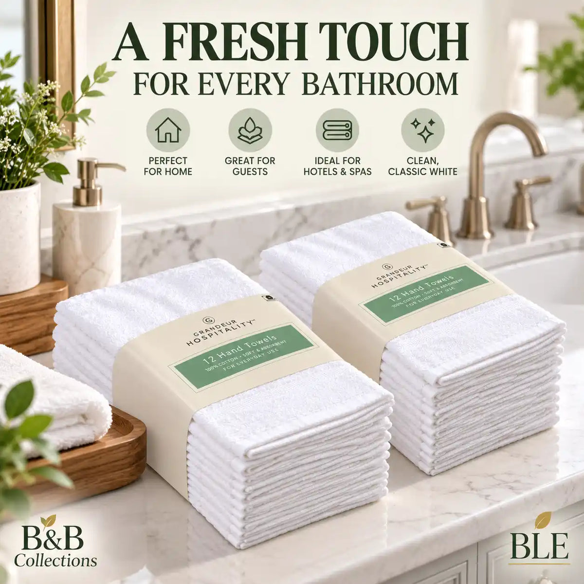 Grandeur Hospitality White Hand Towels, Soft & Absorbent Cotton Towels for Bathroom, Guest Room, Hotel & Spa, 12 Count per Bundle (2-Pack, 24 Towels Total)