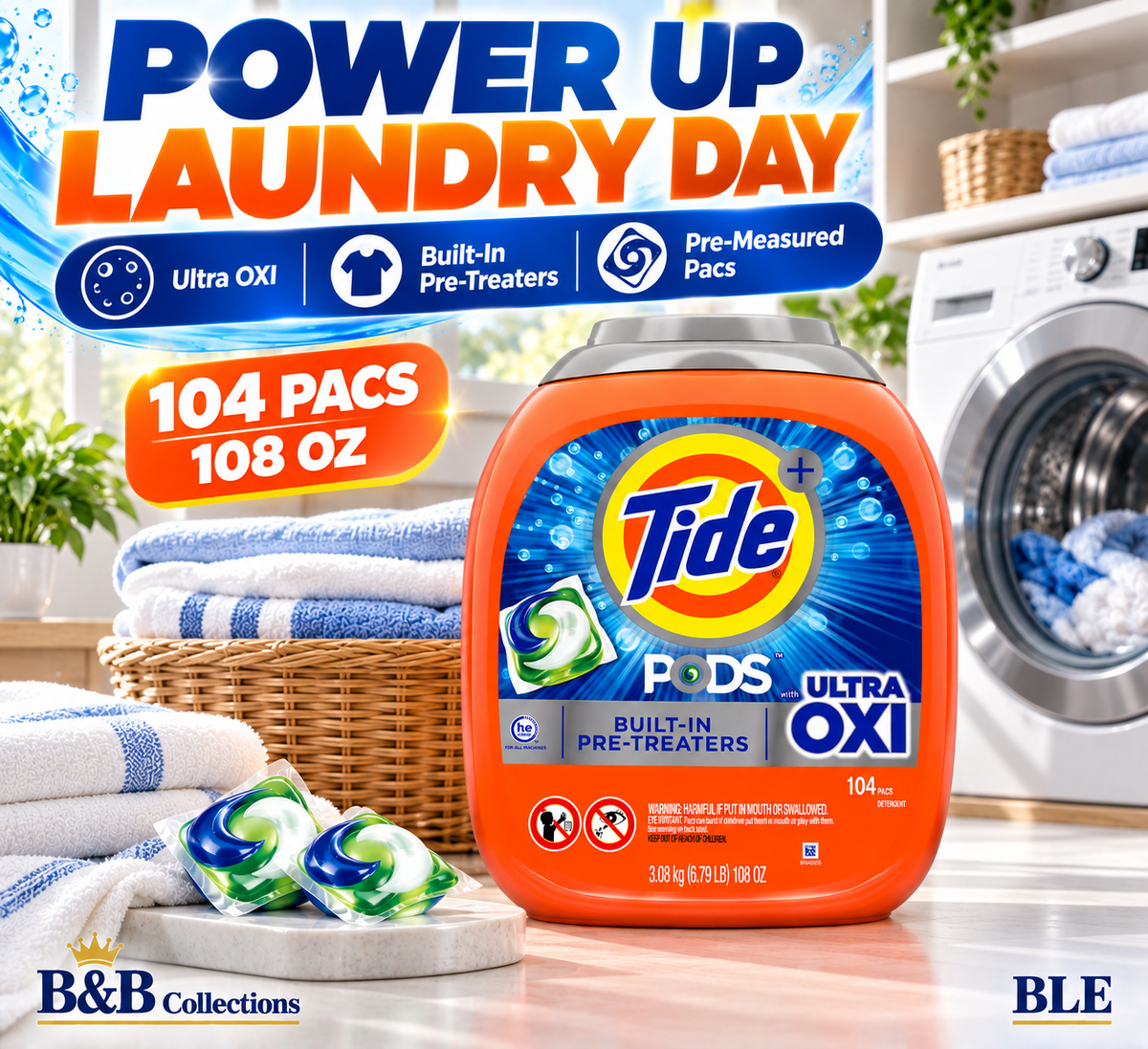Tide PODS + Ultra OXI Laundry Detergent Pacs, Built-In Pre-Treaters, HE Compatible, 104 Count, 108 oz