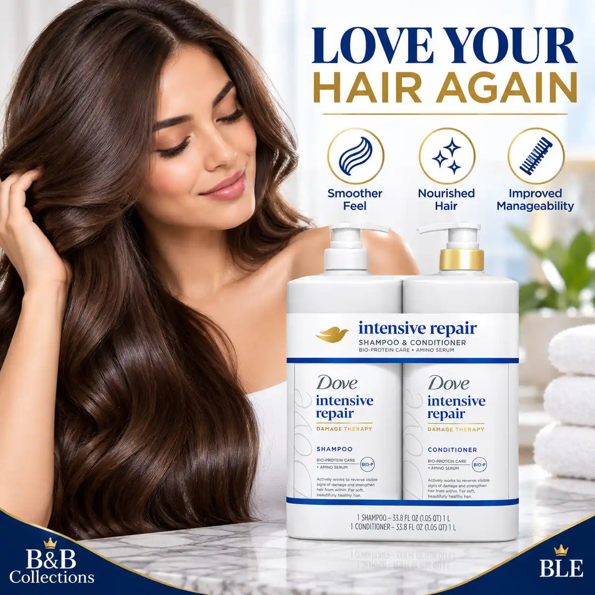 Dove Intensive Repair Shampoo & Conditioner Set, Damage Therapy with Bio-Protein Care + Amino Serum, 33.8 fl oz Each, 2 Pack, 67.6 fl oz Total