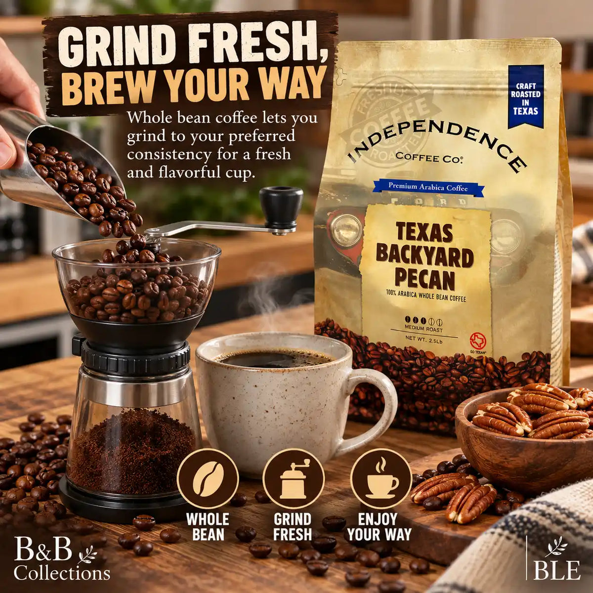 Independence Coffee Co. Texas Backyard Pecan Medium Roast Whole Bean Coffee, 100% Arabica, Craft Roasted in Texas, 2.5 lb (40 oz)