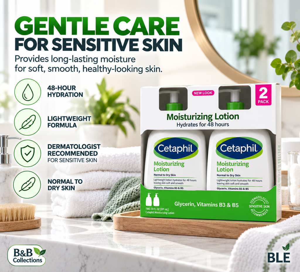 Cetaphil Moisturizing Lotion for Normal to Dry Sensitive Skin, 48-Hour Hydration, Glycerin, Vitamins B3 & B5, 20 fl oz Each, 2-Pack