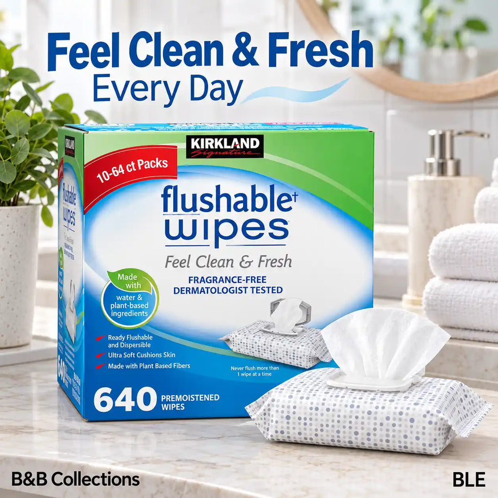 Kirkland Signature Flushable Wipes, Fragrance-Free, Dermatologist Tested, Ultra Soft, 10 Packs, 64 Wipes Each, 640 Count