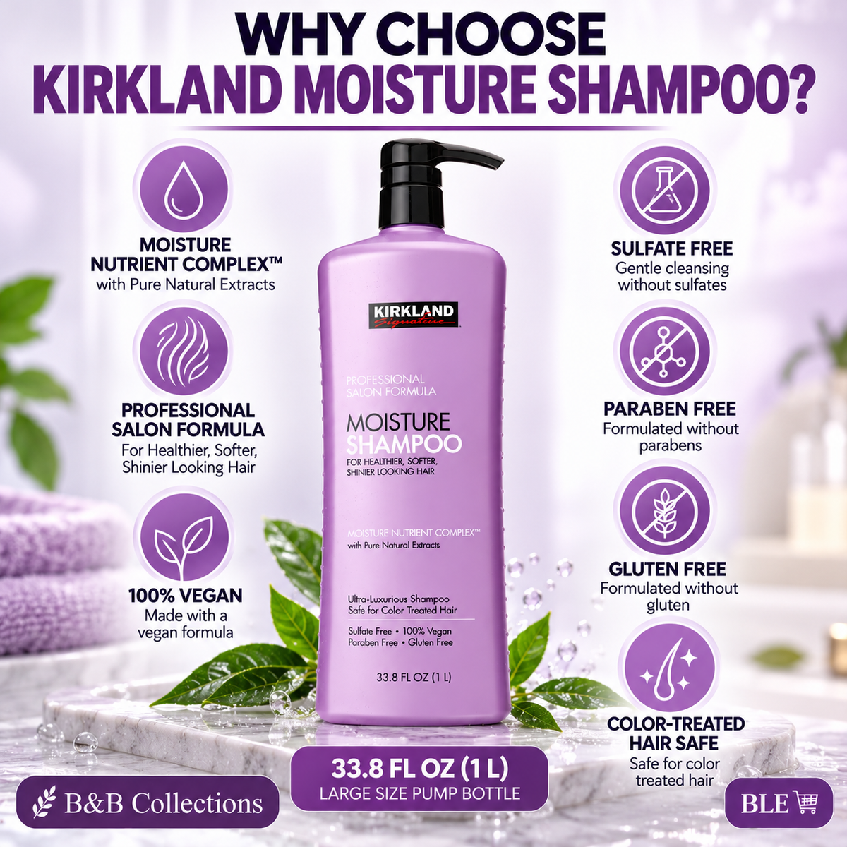 Kirkland Signature Moisture Shampoo, Professional Salon Formula, Sulfate-Free, Vegan, Paraben-Free, for Healthier, Softer, Shinier Hair, 33.8 fl oz (1 L)