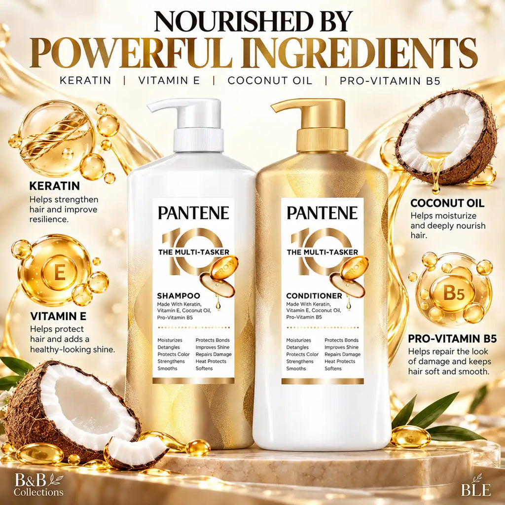 Pantene 10 The Multi-Tasker Shampoo & Conditioner Set, Keratin, Vitamin E, Coconut Oil & Pro-Vitamin B5, Moisturizing, Strengthening & Smoothing Hair Care, 2-Piece Set