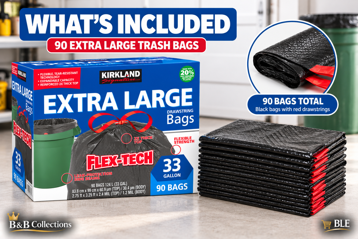 Kirkland Signature Flex-Tech Extra Large Drawstring Trash Bags, 33 Gallon, 90 Count