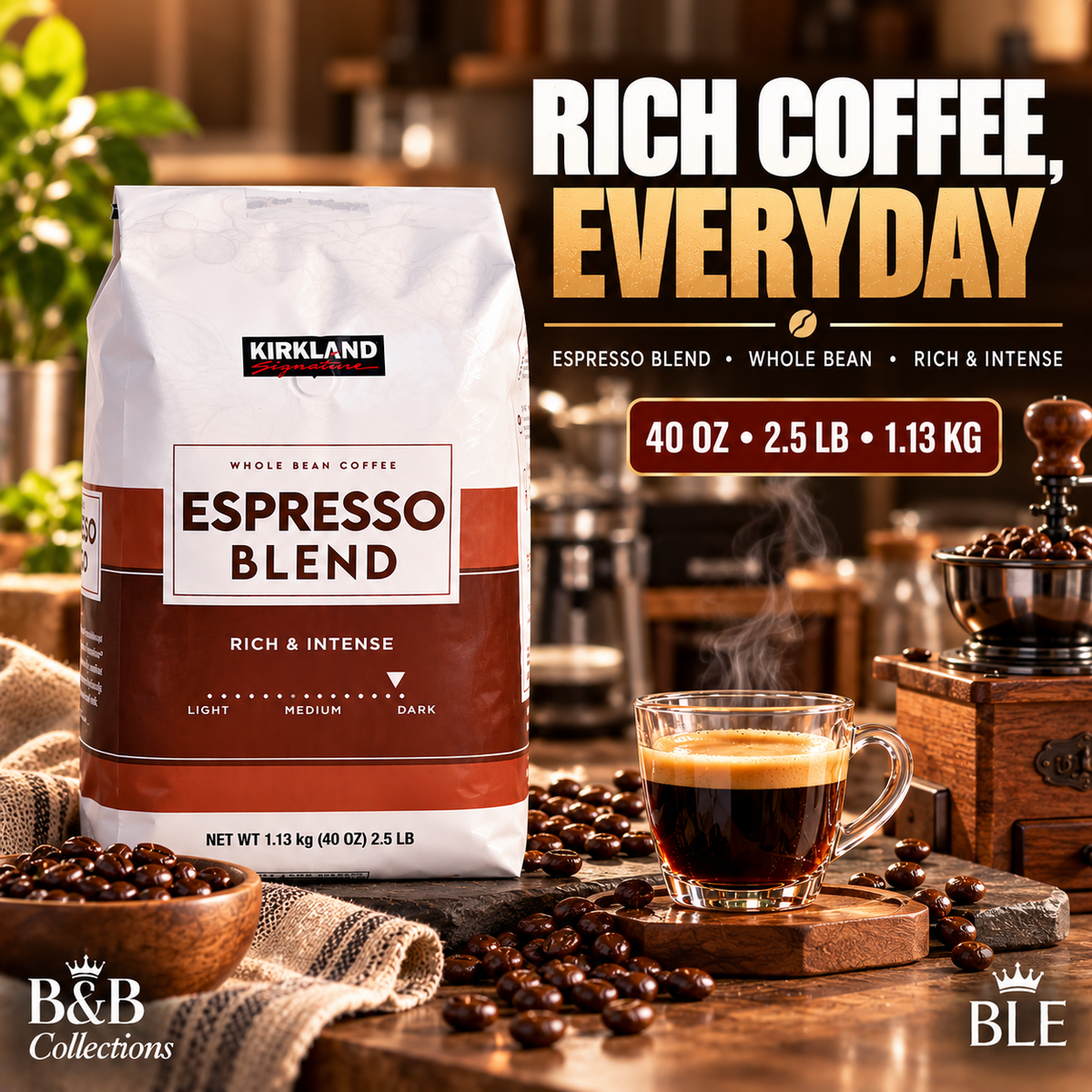 Kirkland Signature Espresso Blend Whole Bean Coffee, Rich & Intense Dark Roast Profile, 40 oz (2.5 lb / 1.13 kg)