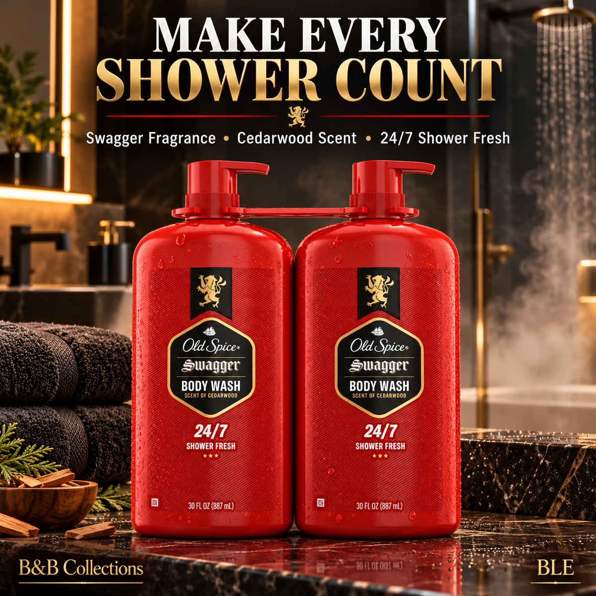 Old Spice Swagger Body Wash for Men, Cedarwood Scent, 24/7 Shower Fresh, 30 fl oz Each, 2 Pack (60 fl oz Total)