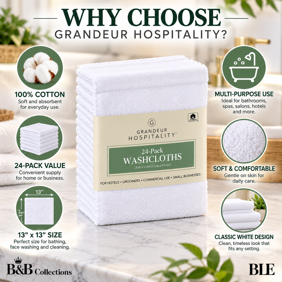 Grandeur Hospitality Washcloths, 100% Cotton, Soft & Absorbent, 13" x 13", White, 24-Pack, for Bathroom, Hotels, Spa & Everyday Use