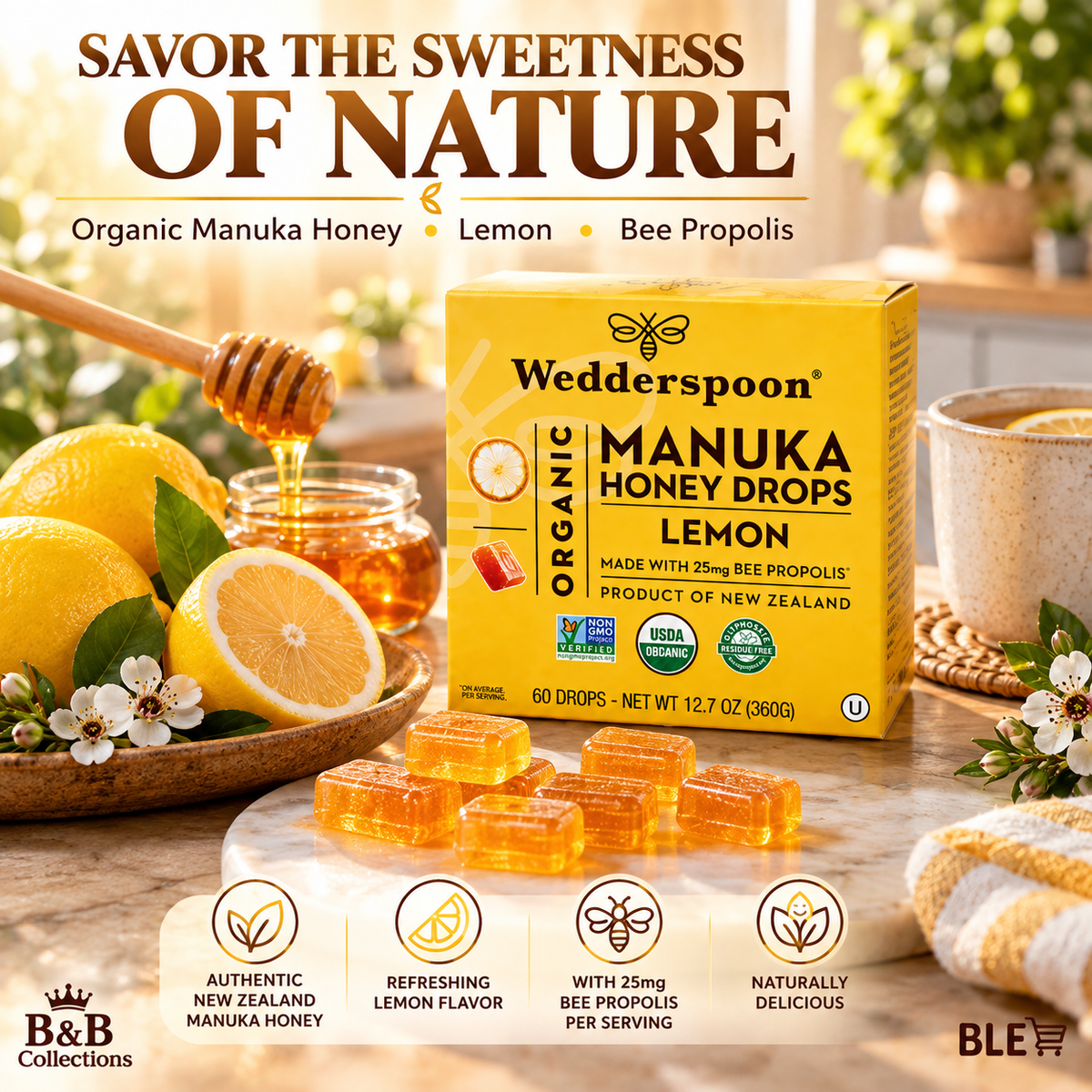 Wedderspoon Organic Manuka Honey Drops, Lemon Flavor, Made with 25mg Bee Propolis, Slow-Dissolving Honey Lozenges, 60 Drops, 12.7 oz (360g)
