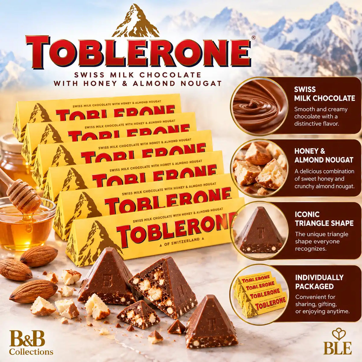 Toblerone Swiss Milk Chocolate with Honey & Almond Nougat, Triangle Chocolate Bars, 6-Pack