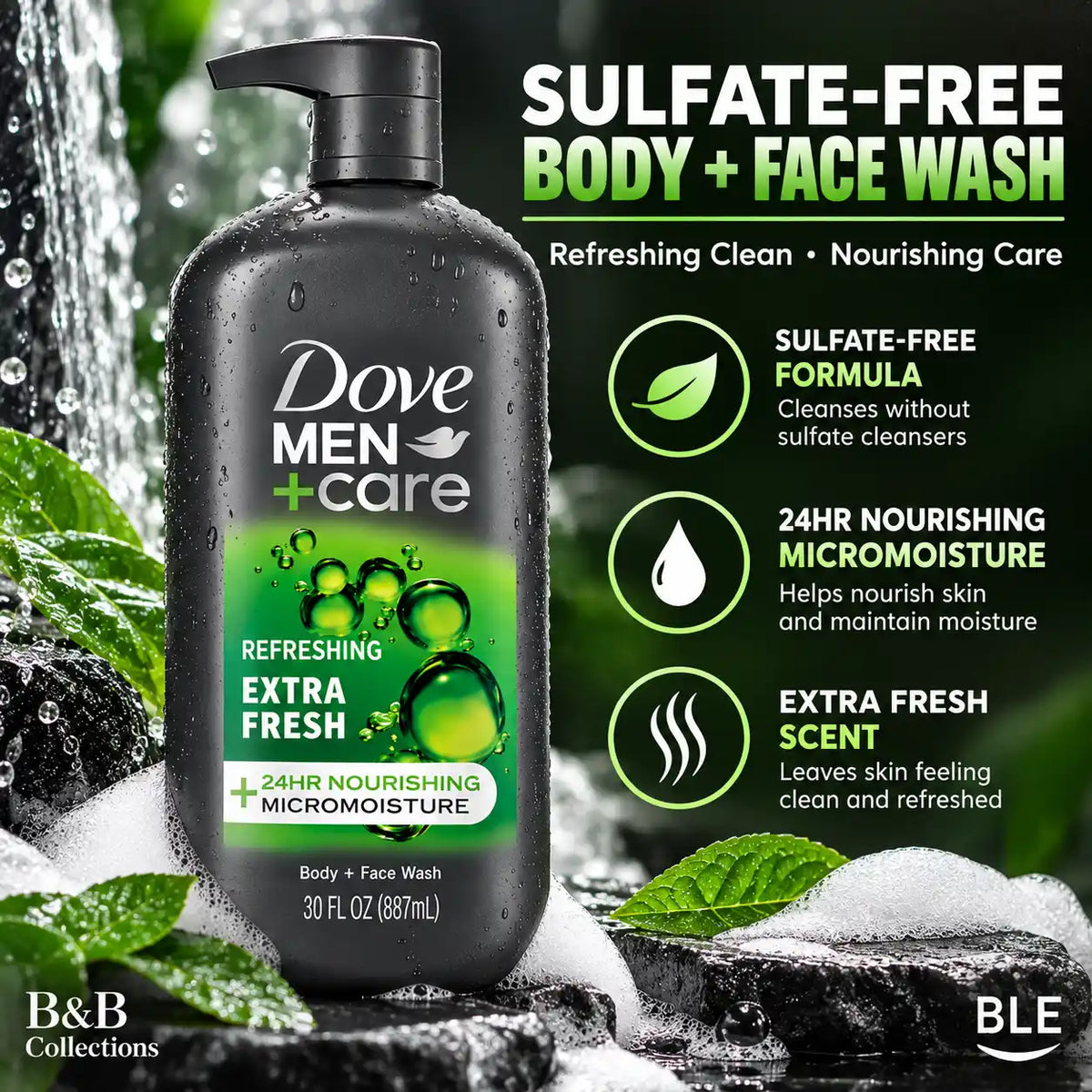Dove Men+Care Extra Fresh Body & Face Wash, Sulfate-Free, 24HR Nourishing MicroMoisture, Refreshing Scent, 30 fl oz Each, 2-Pack (60 fl oz Total)