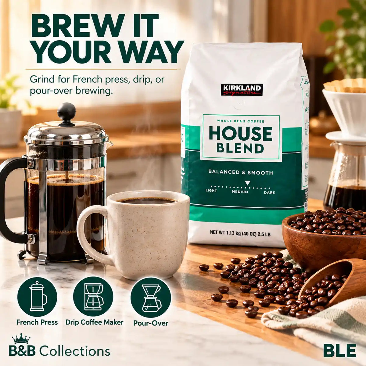 Kirkland Signature House Blend Whole Bean Coffee, Medium Roast, Balanced & Smooth, 40 oz (2.5 lb / 1.13 kg)