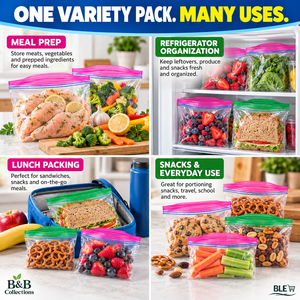 Ziploc Seal Top Food Storage Bags Variety Pack, 322 Count, Gallon, Quart, Sandwich & Snack Bags, Easy Open Tabs
