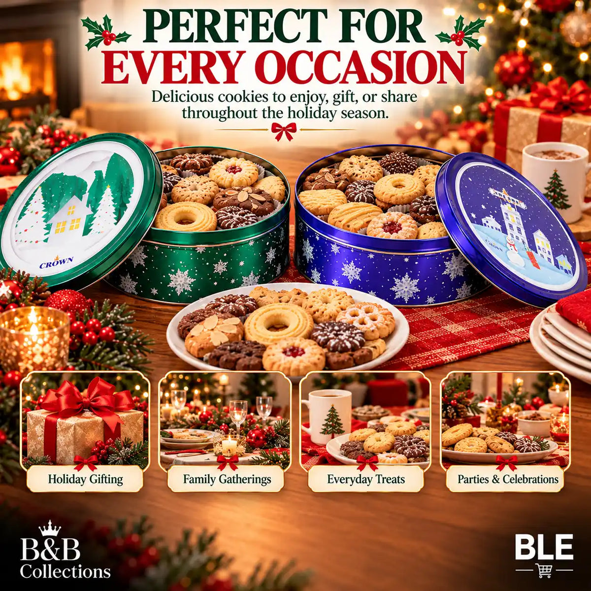 Holiday Winter Village Decorative Cookie Tins, Assorted Christmas Designs, Green & Purple Metal Tins, 4-Pack, 4 lb Total