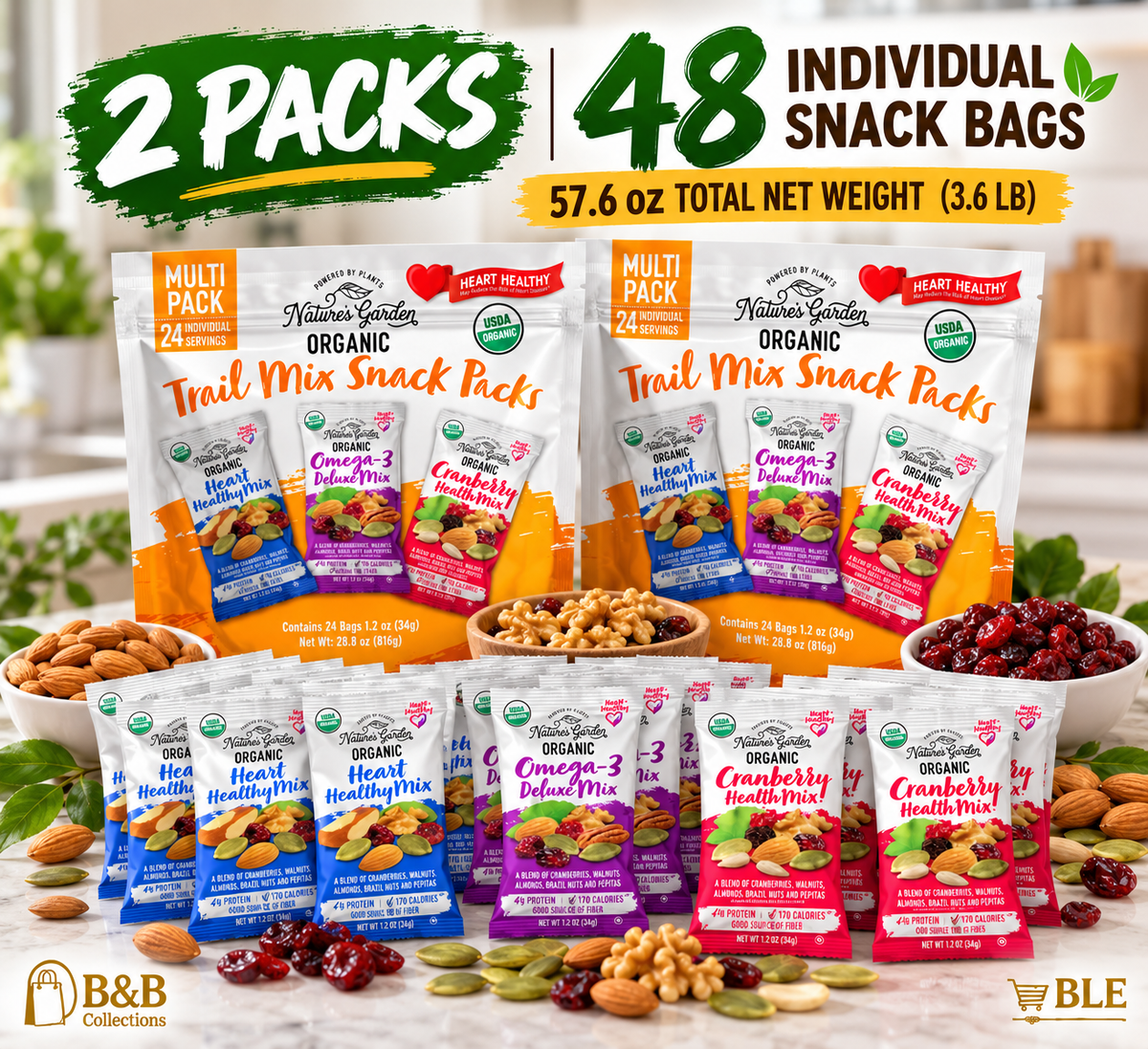 Nature's Garden Organic Trail Mix Snack Packs, 48 Individual Bags, 2-Pack, Heart Healthy Nut & Fruit Mix Variety, 1.2 oz Each