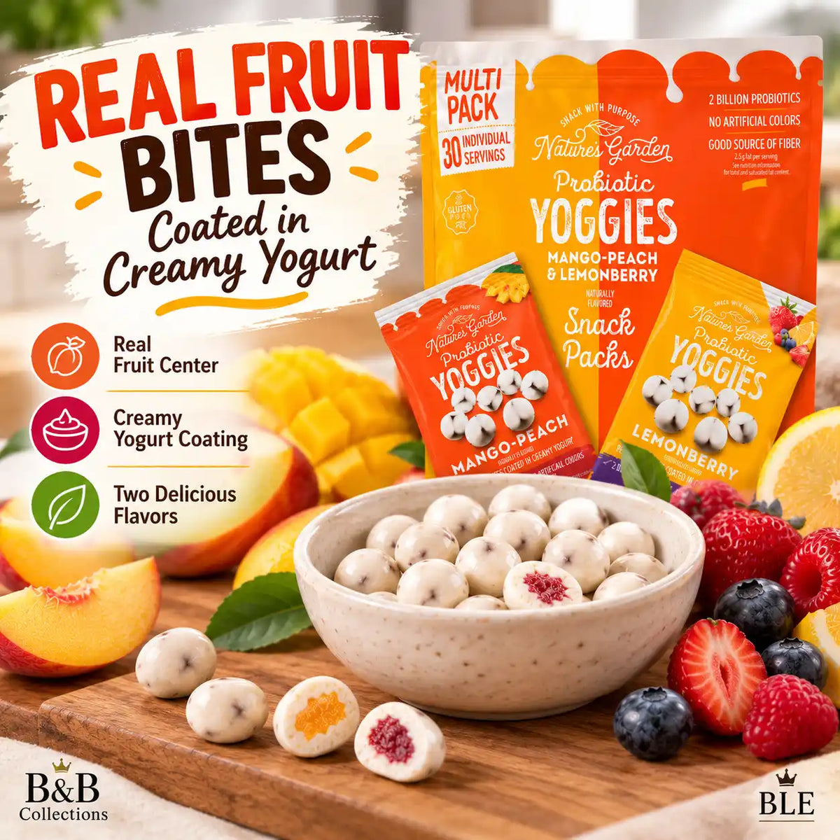 Nature's Garden Probiotic Yoggies Fruit Snacks, Mango-Peach & Lemonberry Flavors, Yogurt-Coated Fruit Bites, 2 Billion Probiotics, Gluten-Free, 30 Individually Packaged Packs, 21 oz