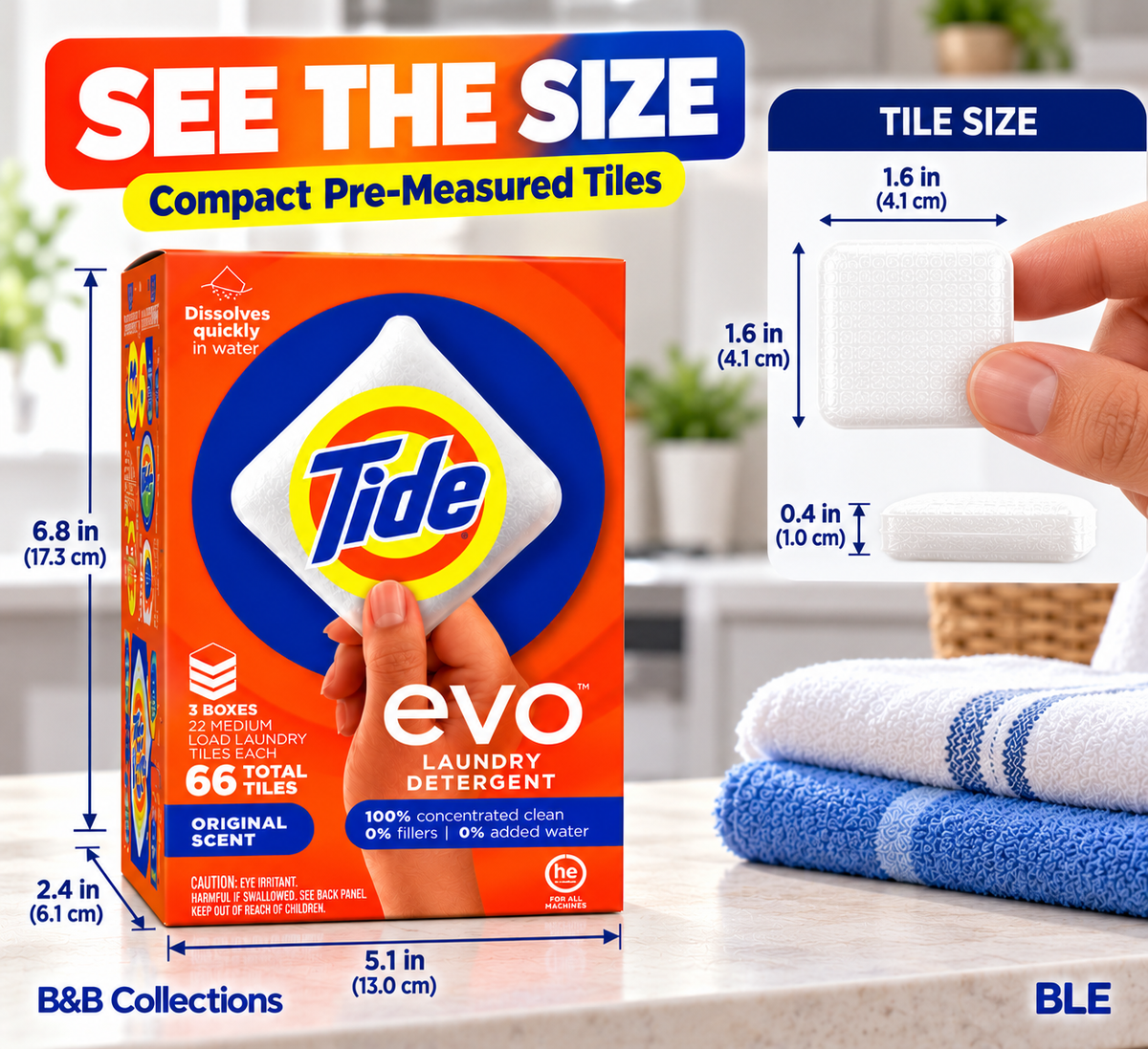 Tide evo Laundry Detergent Tiles, Original Scent, 66 Total Tiles, 3 Boxes, Concentrated Pre-Measured Laundry Detergent