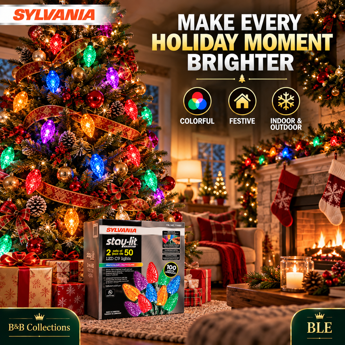 Sylvania Stay-Lit C9 Faceted LED Christmas Lights, Multicolor, 100 Bulbs, 2 Sets of 50, Indoor/Outdoor Holiday String Lights