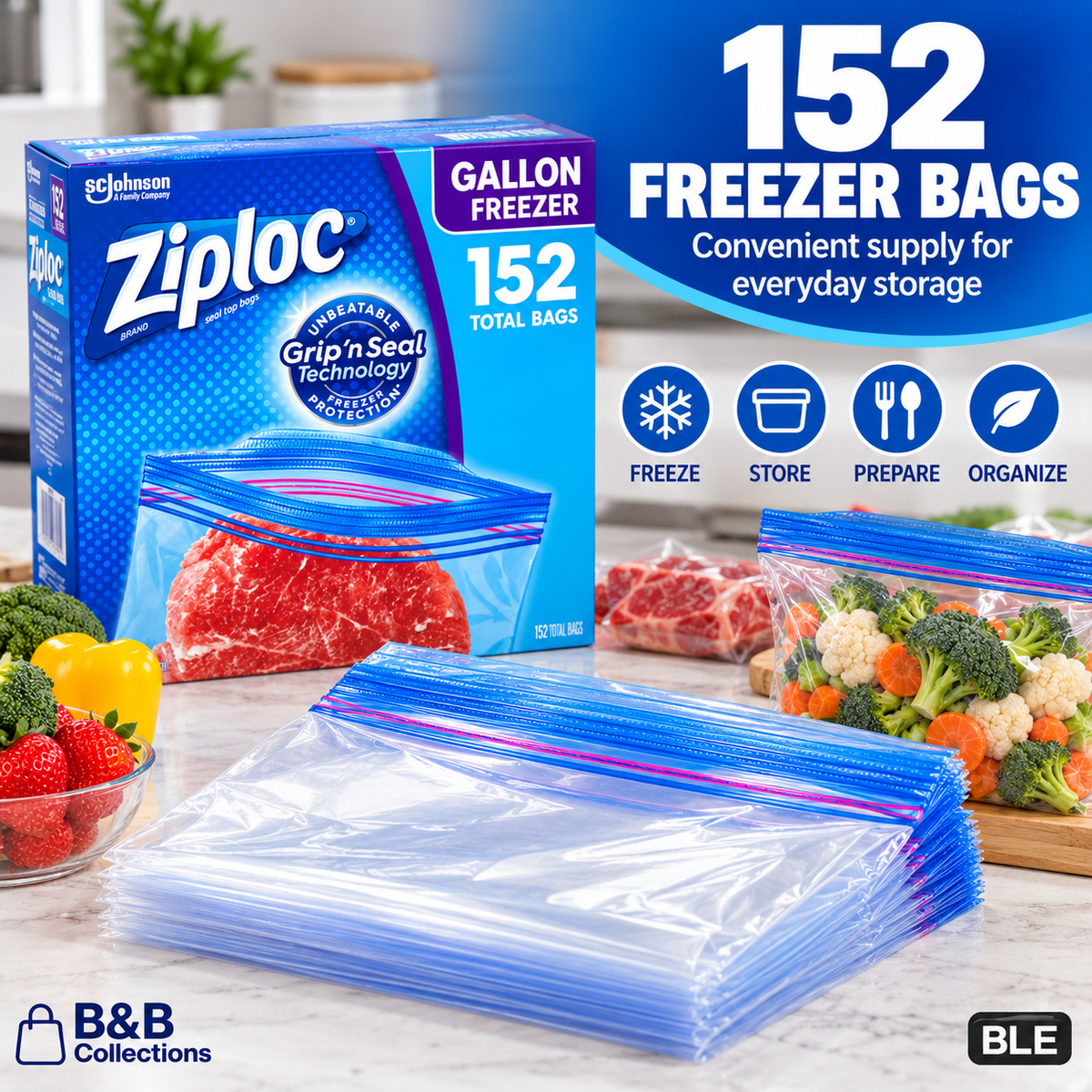 Ziploc Gallon Freezer Bags, Double Zipper Grip 'n Seal Technology, Easy Open Tabs, Freezer-Safe Food Storage Bags, 152 Count