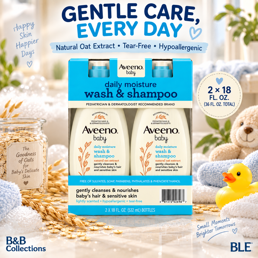 Aveeno Baby Daily Moisture Wash & Shampoo with Natural Oat Extract, Tear-Free & Hypoallergenic, 18 fl. oz. Each, 2-Pack
