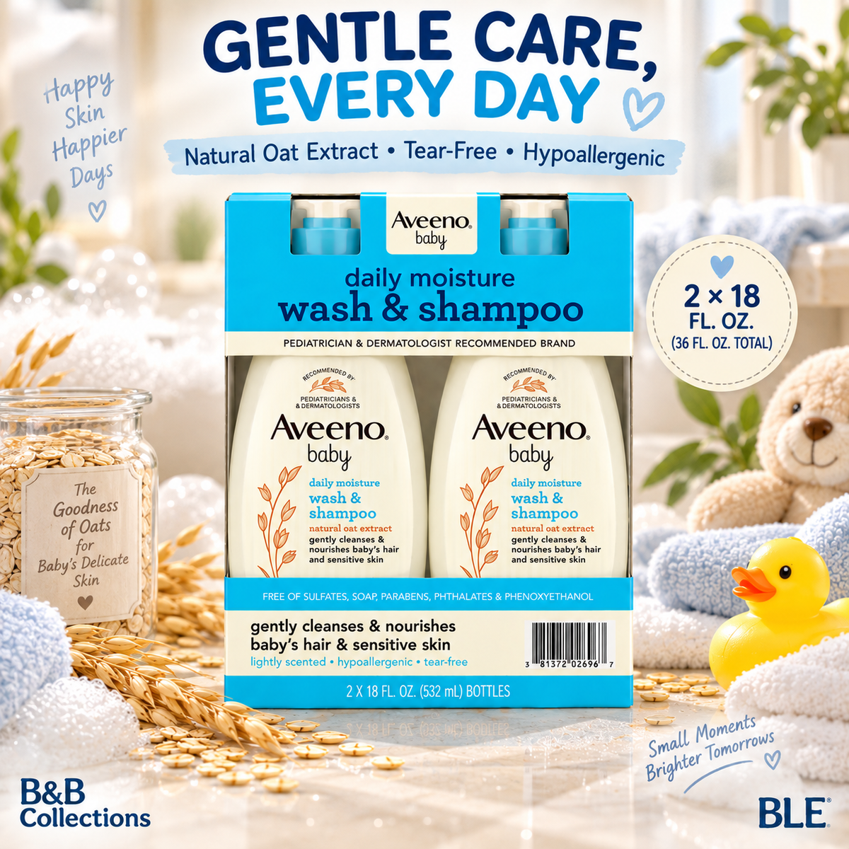 Aveeno Baby Daily Moisture Wash & Shampoo with Natural Oat Extract, Tear-Free & Hypoallergenic, 18 fl. oz. Each, 2-Pack