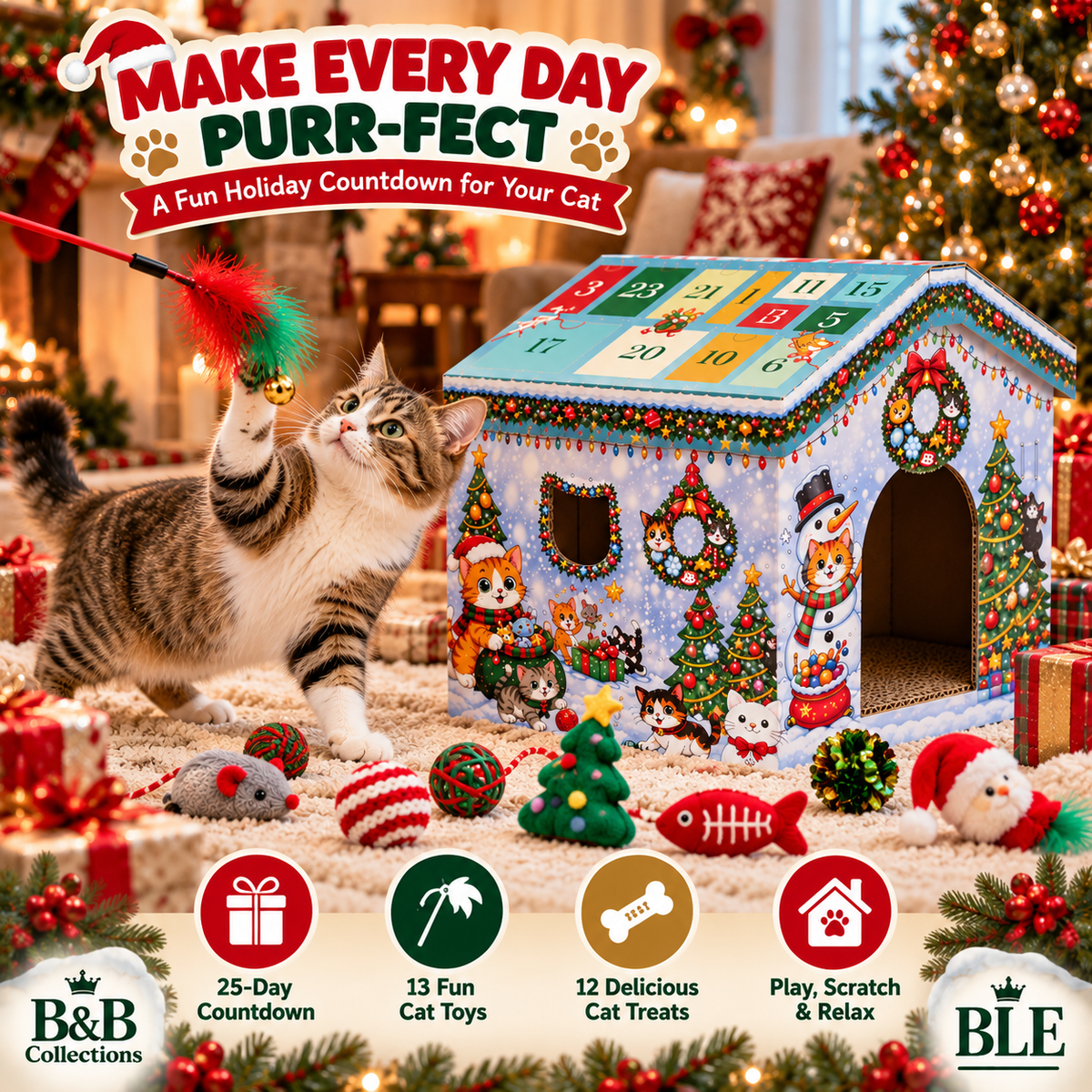 Catmas Countdown Cabin 25-Day Cat Advent Calendar, Christmas Cat House with 13 Toys, 12 Treats & Scratcher Pad, Holiday Countdown Gift for Cats
