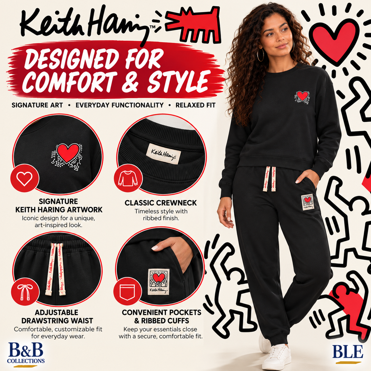Keith Haring Women's 2-Piece Crewneck Sweatshirt & Jogger Fleece Lounge Set, Black, Medium