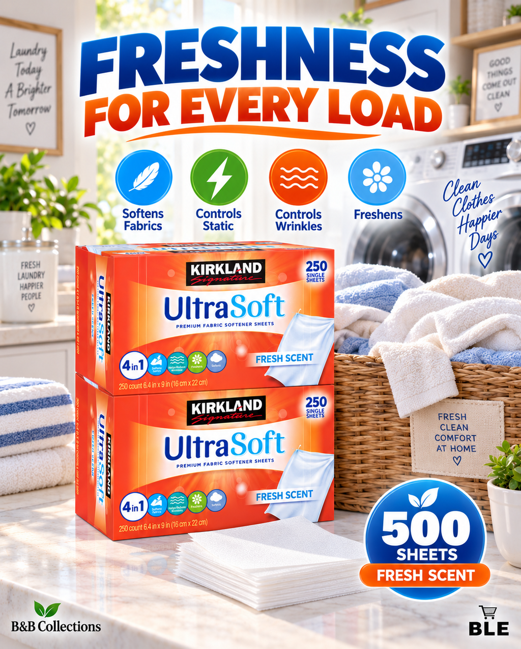 Kirkland Signature UltraSoft Premium Fabric Softener Sheets, Fresh Scent, 500 Count, 2 Packs of 250 Sheets