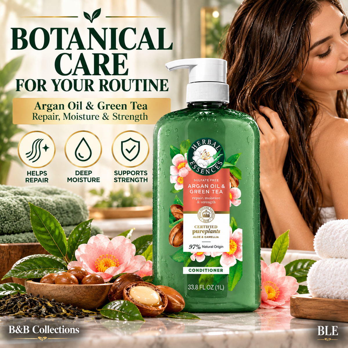 Herbal Essences Argan Oil & Green Tea Conditioner, Sulfate Free, Repair, Moisture & Strength, 97% Natural Origin, 33.8 fl oz (1 L)