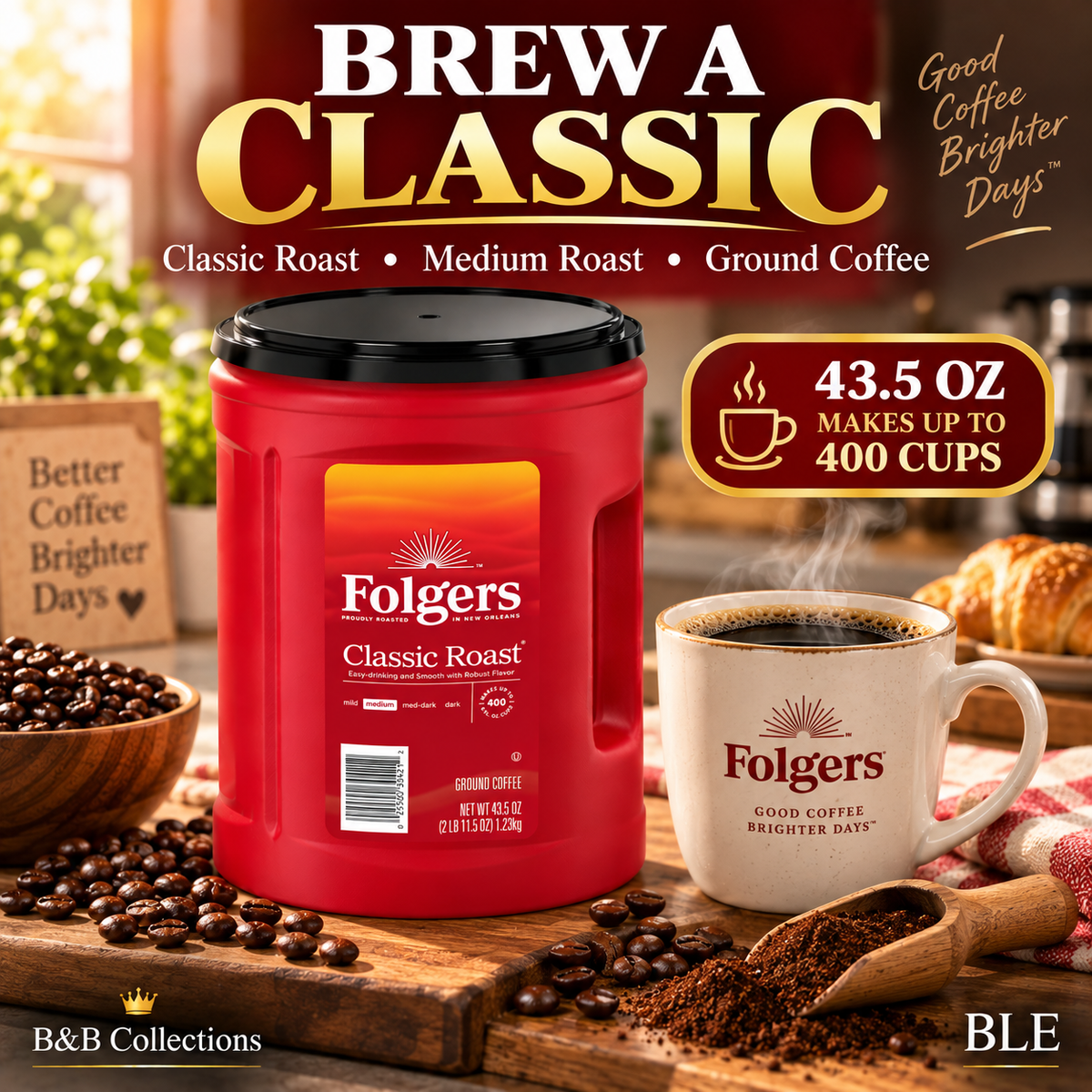 Folgers Classic Roast Ground Coffee, Medium Roast, 43.5 oz Canister