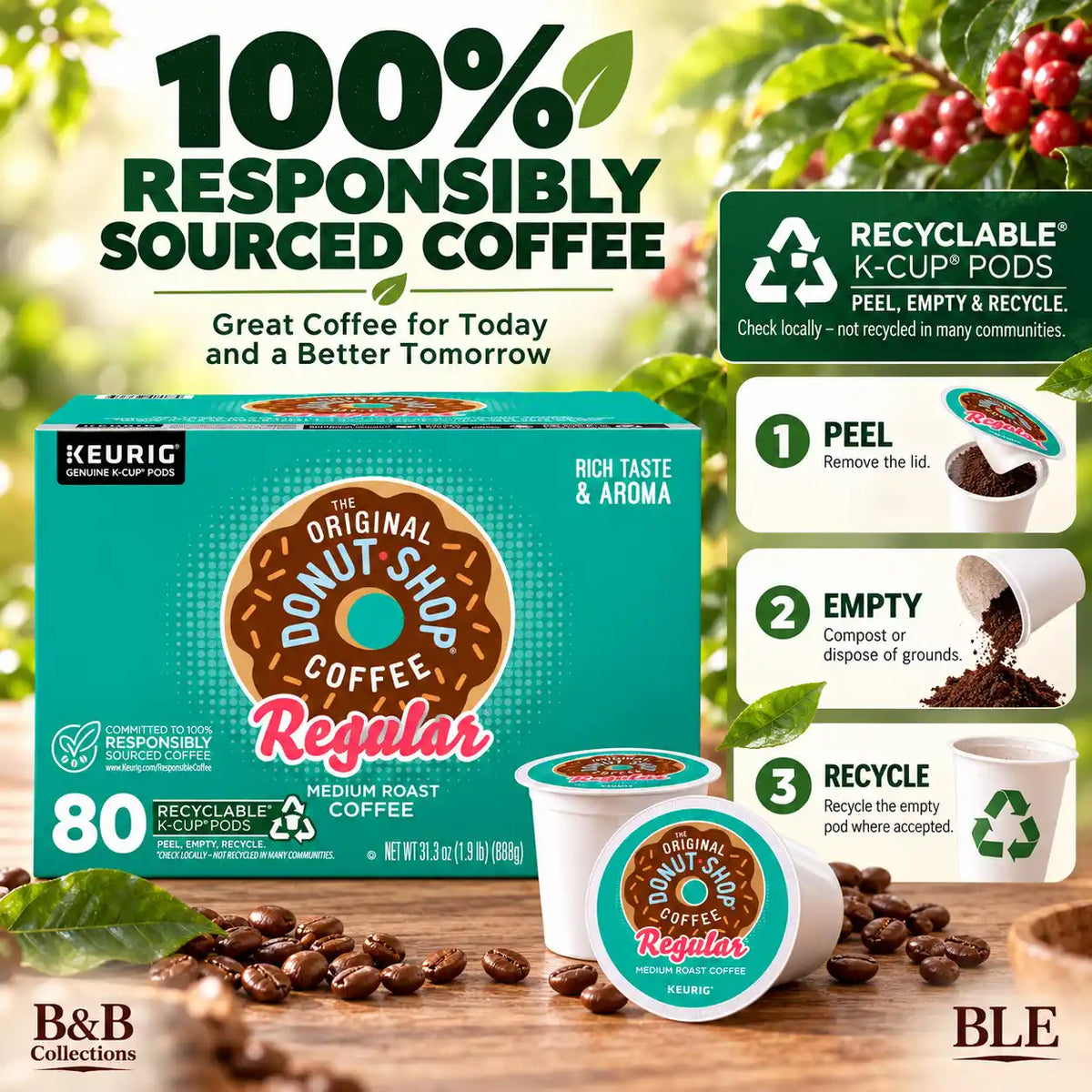 The Original Donut Shop Regular Medium Roast Coffee, Keurig Genuine K-Cup Pods, Rich Taste & Aroma, Recyclable Coffee Pods, 80 Count