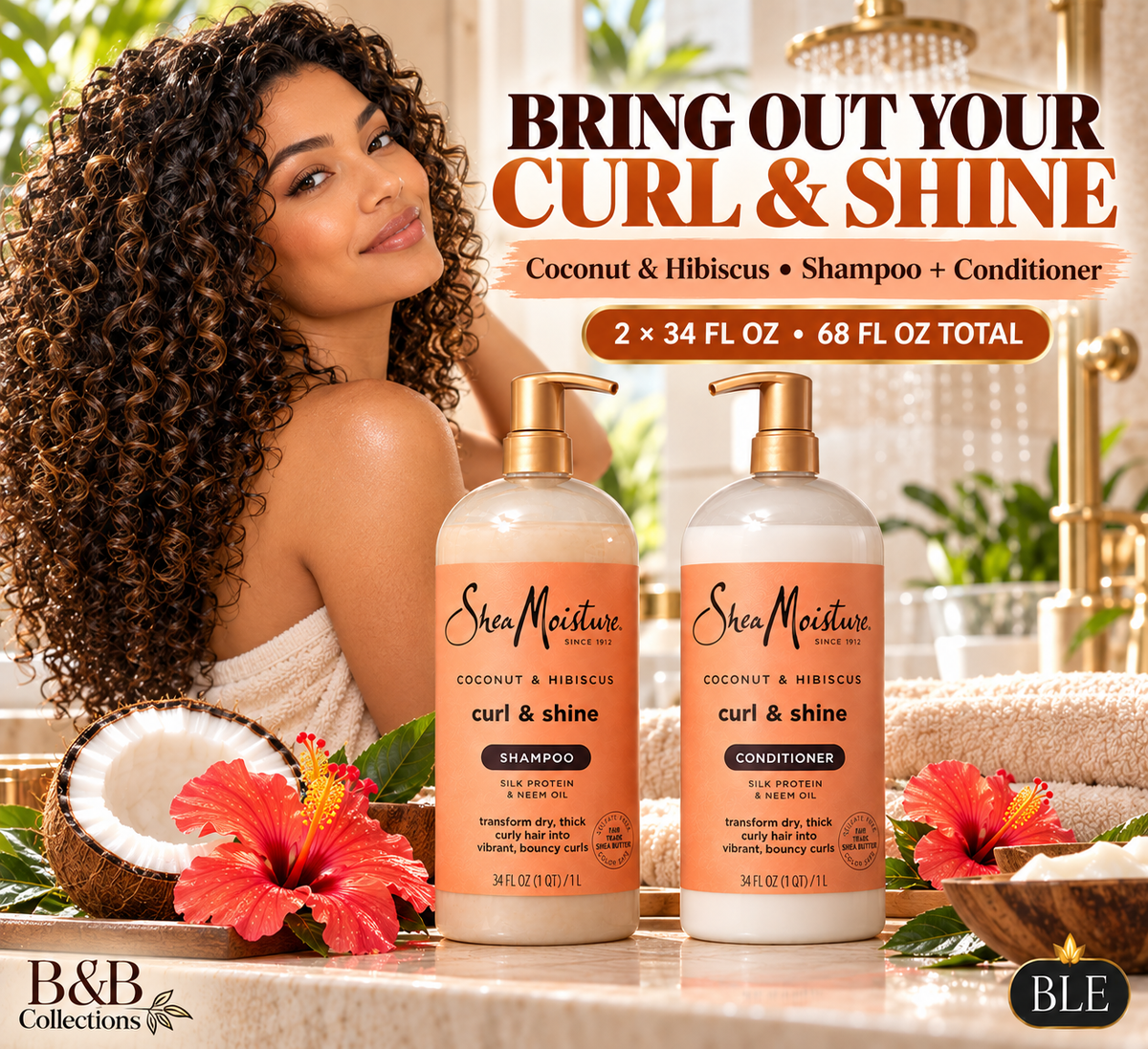 SheaMoisture Coconut & Hibiscus Curl & Shine Shampoo & Conditioner Set, Silk Protein & Neem Oil, 34 fl oz Each, 2 Count, 68 fl oz Total