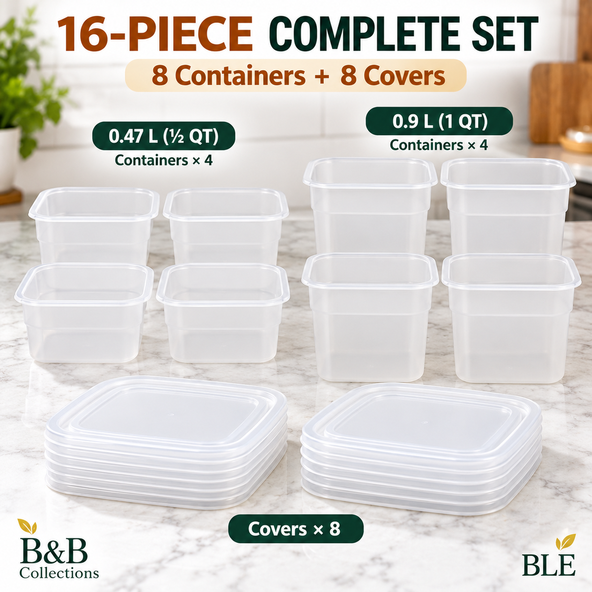 Cambro Food Storage Containers with Lids, 16-Piece Set, BPA-Free, NSF Certified, Made in USA, Clear Square Containers, 0.5 QT & 1 QT