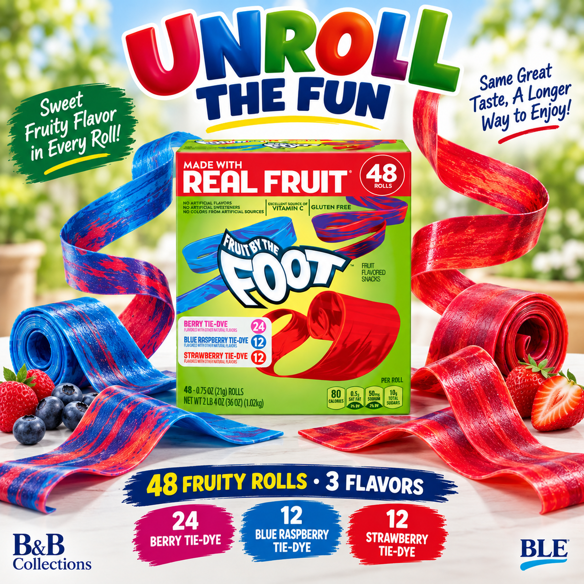 General Mills Fruit by the Foot Fruit Flavored Snacks, Variety Pack, 0.75 oz Rolls, 48 Count