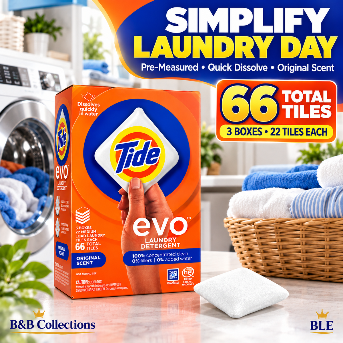 Tide evo Laundry Detergent Tiles, Original Scent, Quick Dissolve, HE Compatible, 66 Count