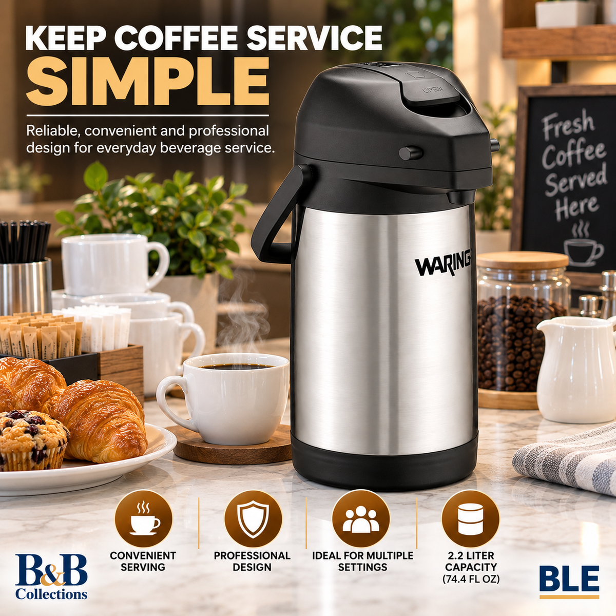 Waring Commercial WCA22 Stainless Steel Airpot, 2.2 Liter Insulated Beverage Dispenser with Pump Top, Silver & Black