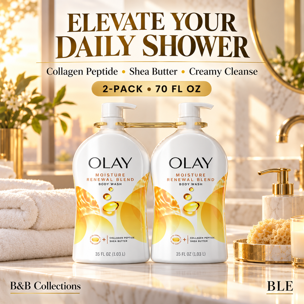 Olay Ultra Moisture Renewal Blend Body Wash with Collagen Peptide & Shea Butter, Moisturizing Body Cleanser, 35 fl oz Each, 2-Pack (70 fl oz Total)