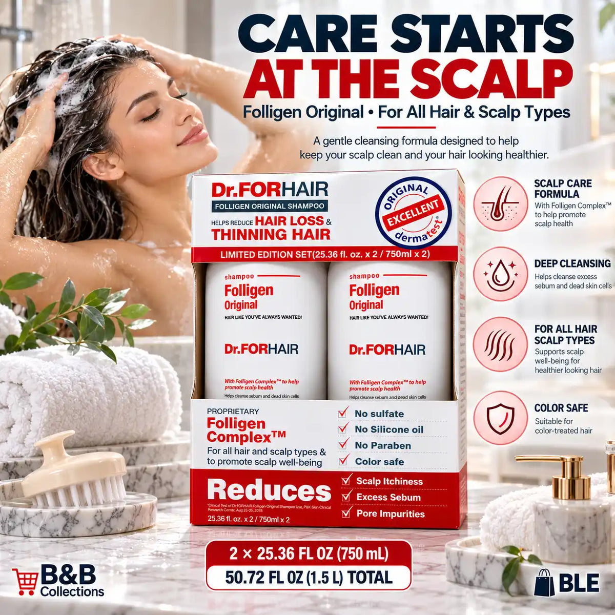 Dr.FORHAIR Folligen Original Shampoo Limited Edition Set, Scalp Care Shampoo, Sulfate, Silicone Oil & Paraben Free, Color Safe, 25.36 fl oz Each, 2 Pack, 50.72 fl oz Total