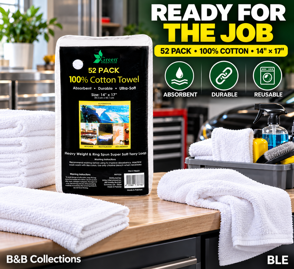 Green Lifestyle 100% Cotton Terry Towels, 52 Pack, 14" x 17", Absorbent Heavyweight Reusable Cleaning Towels, White