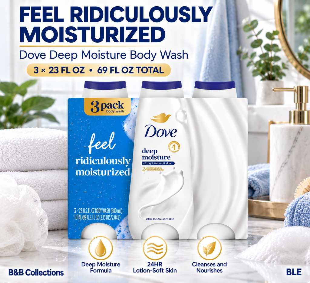 Dove Deep Moisture Body Wash, 24Hr Lotion-Soft Skin, 23 fl oz Each, 3 Pack, 69 fl oz Total